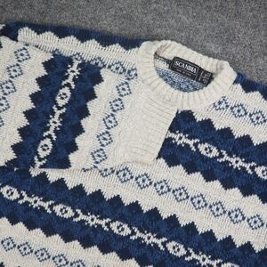 Scandia Sweater Mens Large Crewneck Blue White Fair Isle Cotton Grandpa Core USA